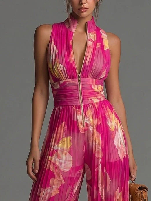 Women's Sleeveless Pleated Halter Wide-Leg Jumpsuit