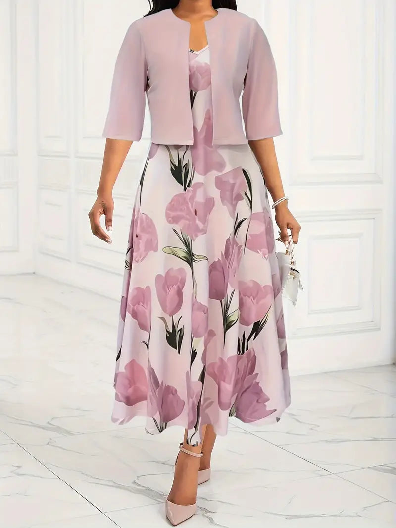 Women's Floral Midi Dress Set with Blazer