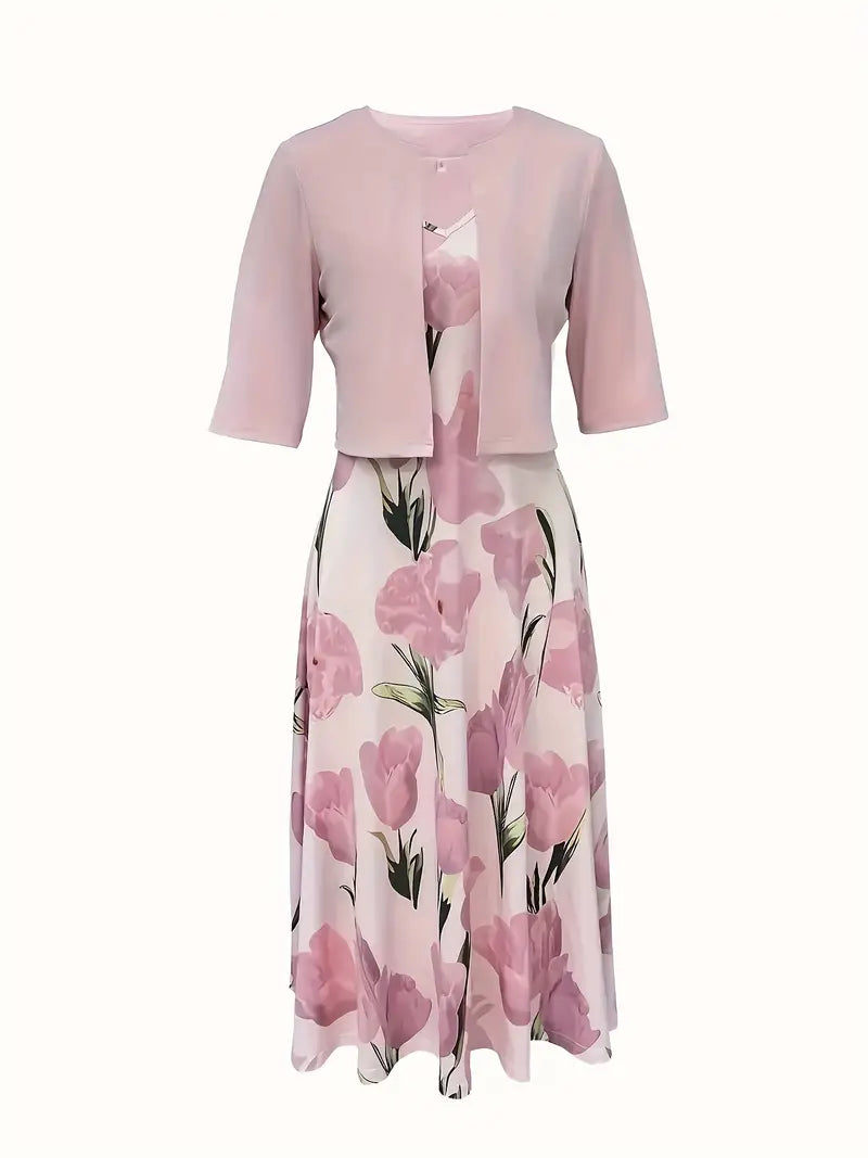 Women's Floral Midi Dress Set with Blazer