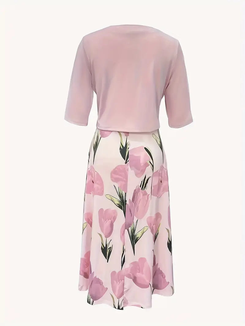 Women's Floral Midi Dress Set with Blazer
