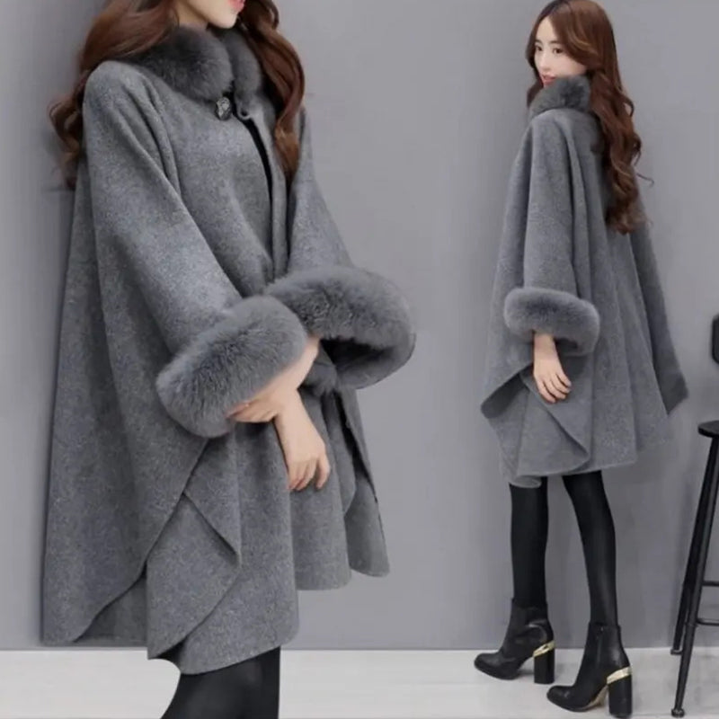 Women's Tailored Poncho Fur Collar Cape Coat