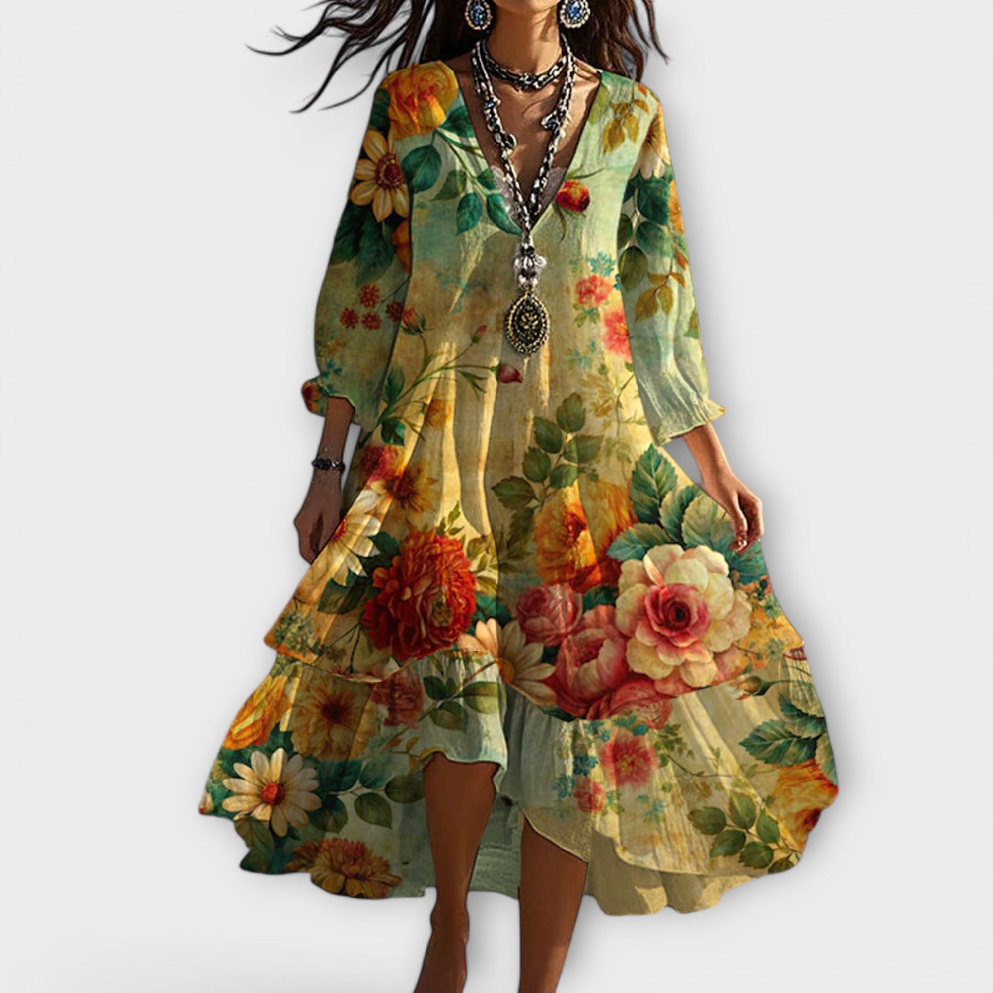 Women's Boho Floral Midi Dress with V-Neck & 3/4 Sleeves |