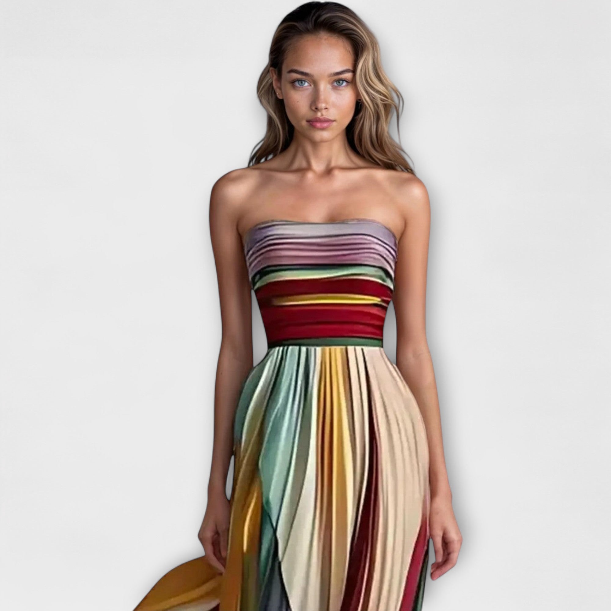 Women's Rainbow Pleated Strapless Party Maxi Dress