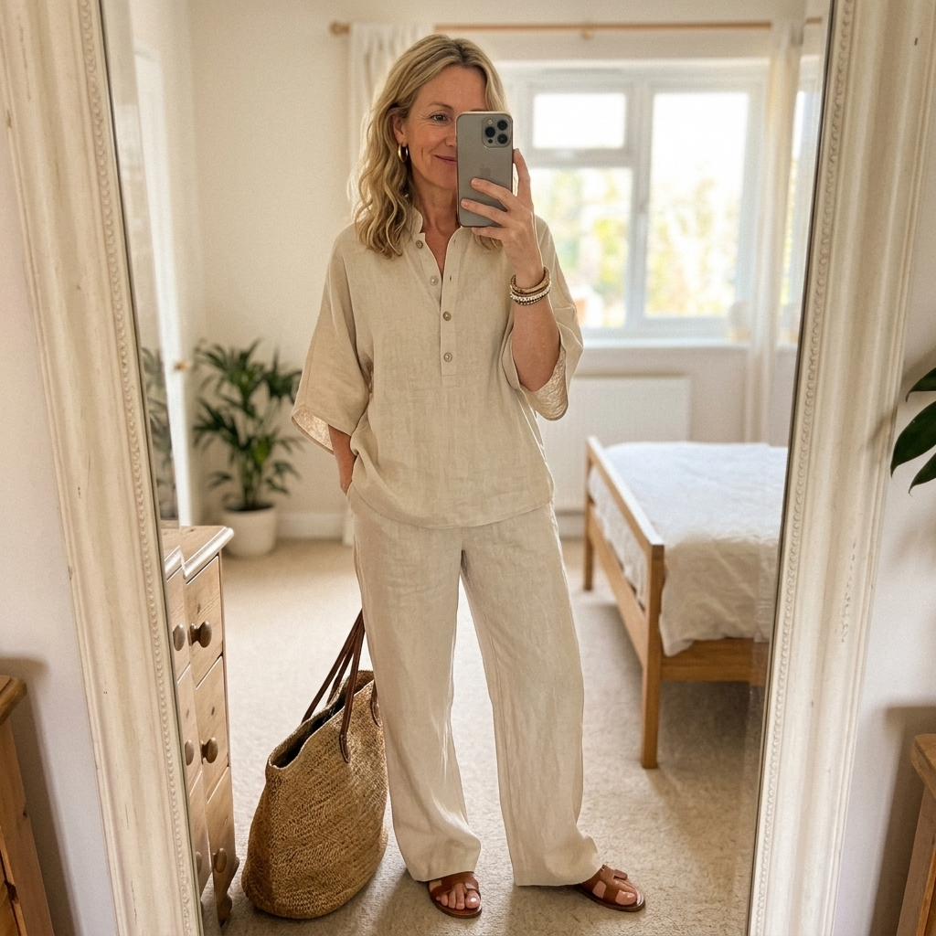 Women's Relaxed Button Front Top & Wide Leg Pants Set