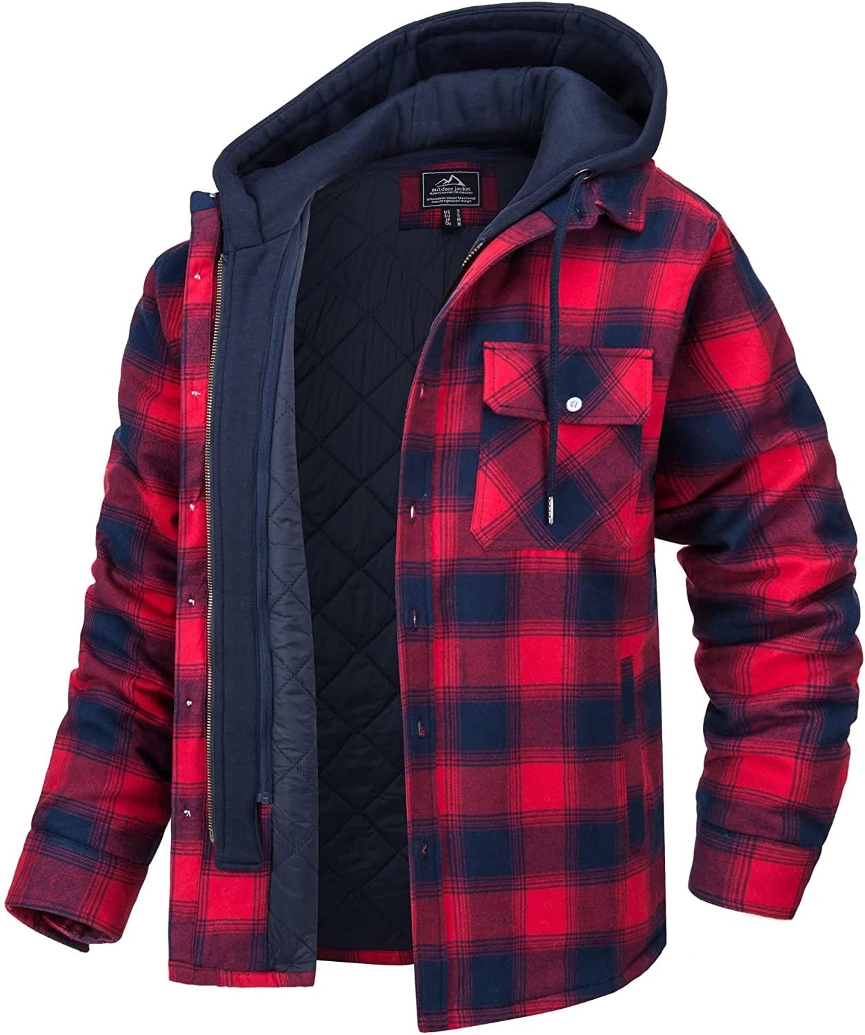 Men's Hooded Plaid Winter Jacket with Button Front