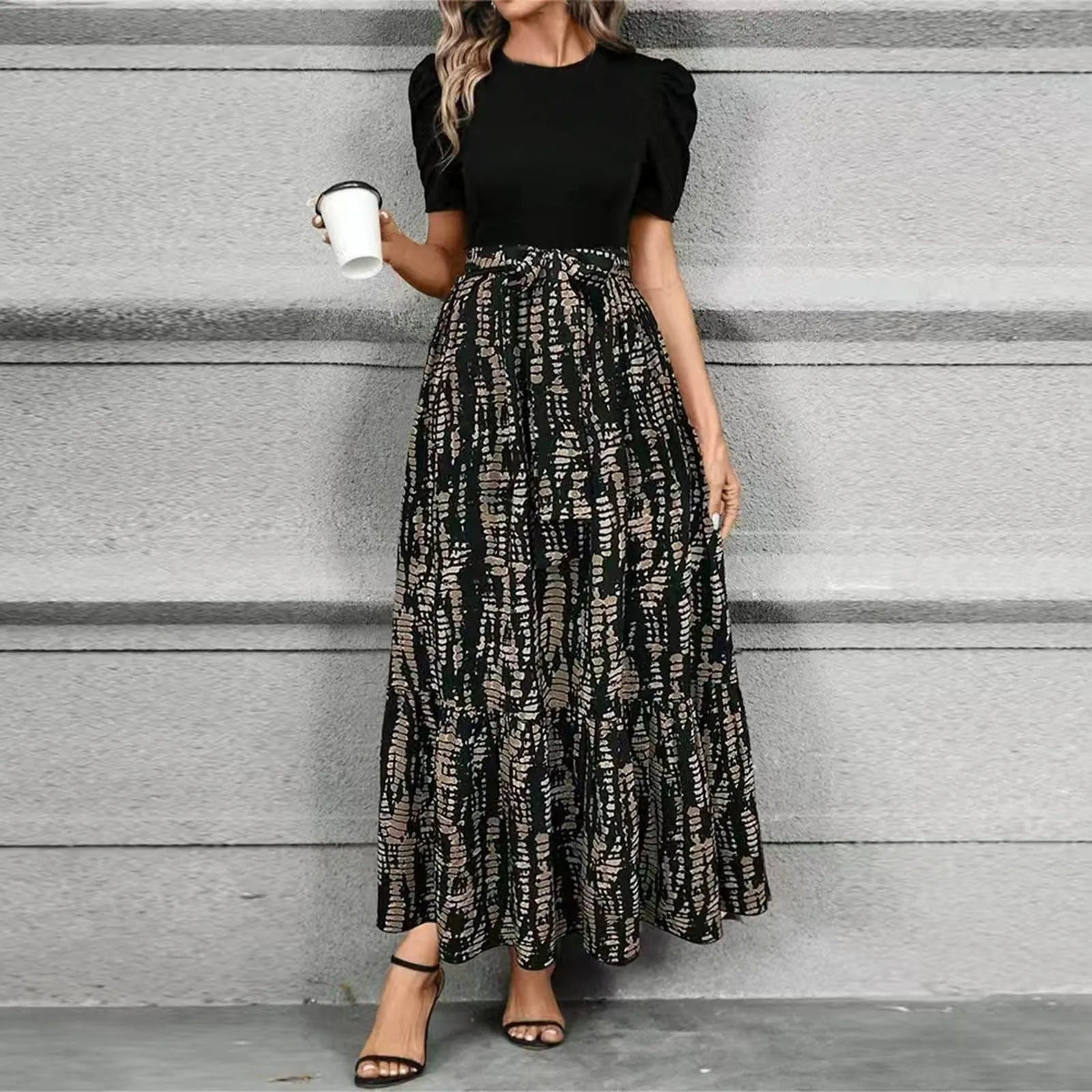 Women’s Elegant Floral Print Maxi Dress with Puff Sleeves