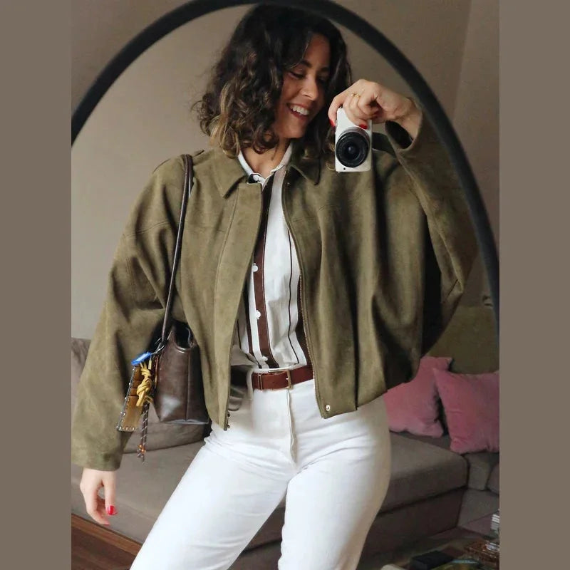 Women’s Oversized Faux Suede Bomber Jacket with Relaxed Streetwear Fit