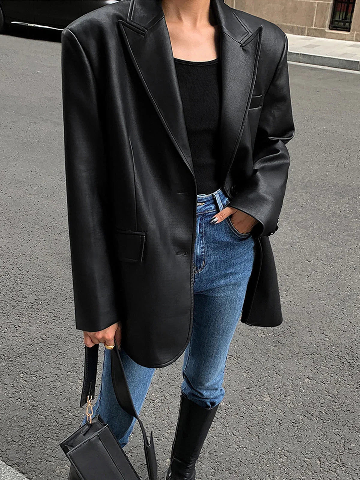 Women’s Oversized Faux Leather Blazer Jacket