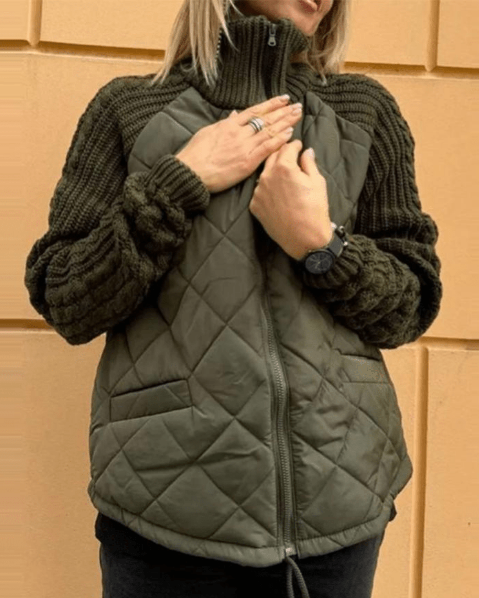 Women's Quilted Jacket with Cable Knit Sleeves