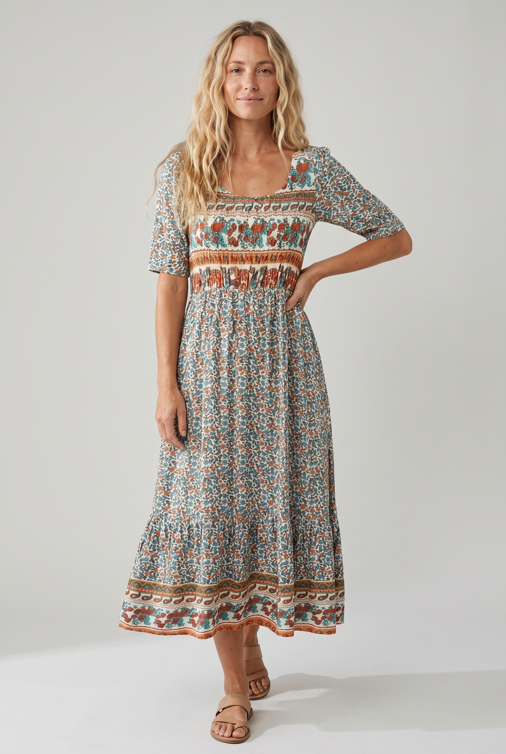 Women's Boho Print Square Neck Shirred Midi Dress