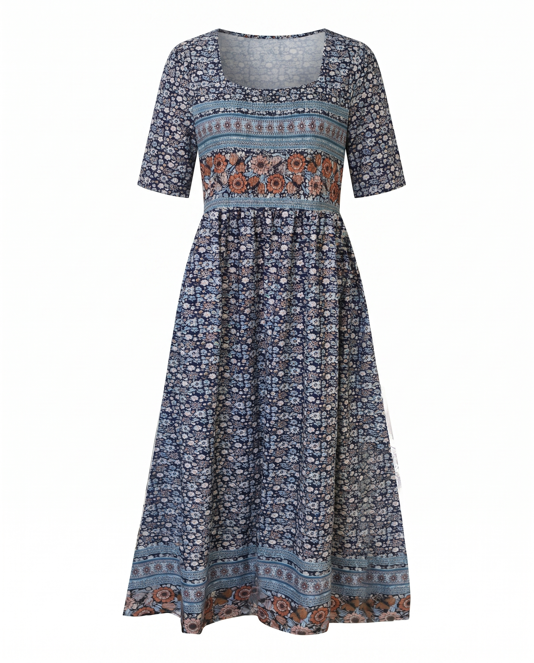 Women's Boho Print Square Neck Shirred Midi Dress