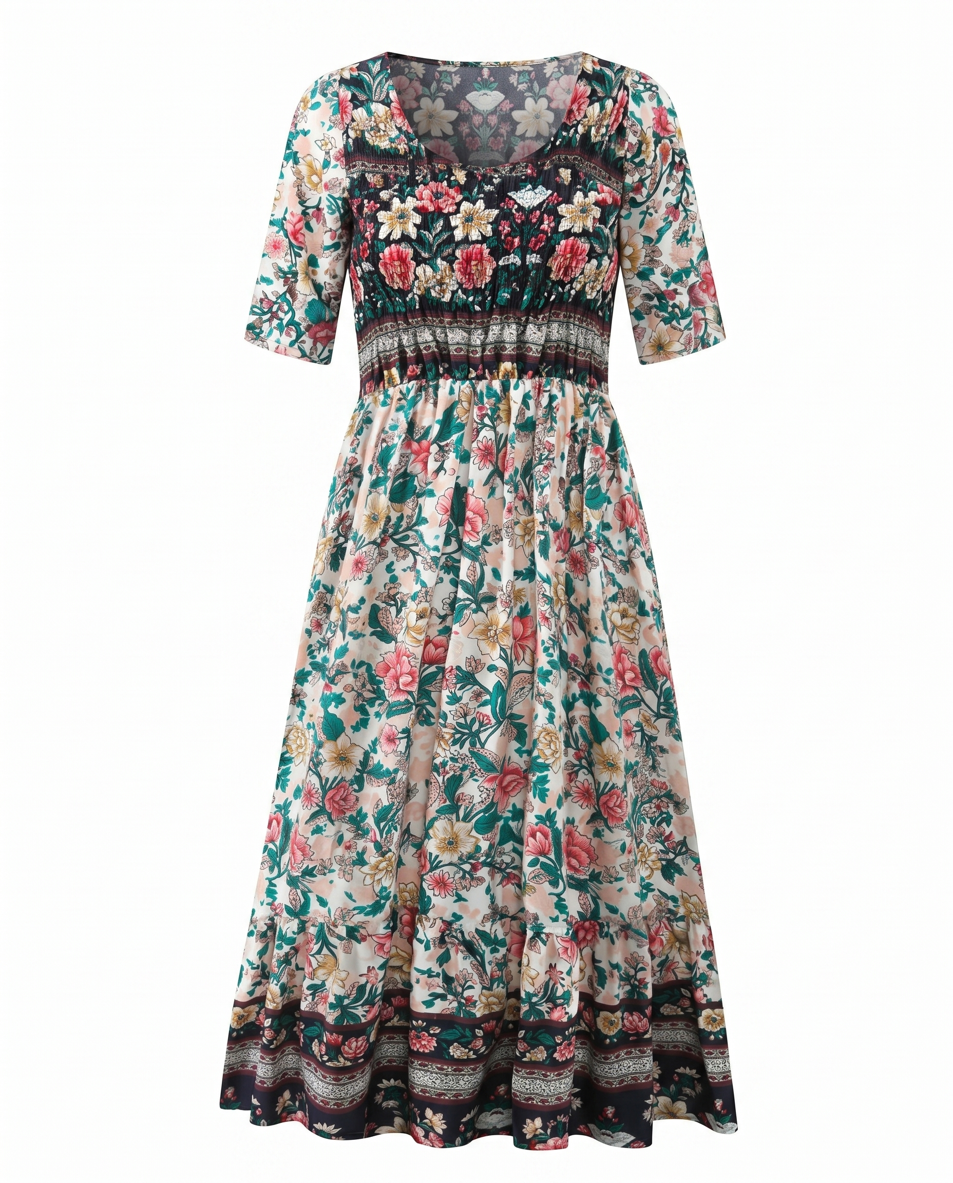 Women's Boho Print Square Neck Shirred Midi Dress