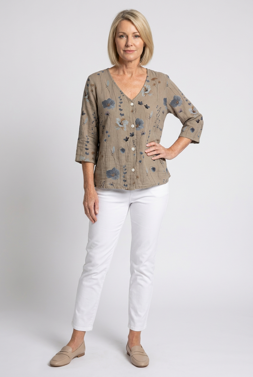 Women's Floral V-Neck Blouse with Three-Quarter Sleeves