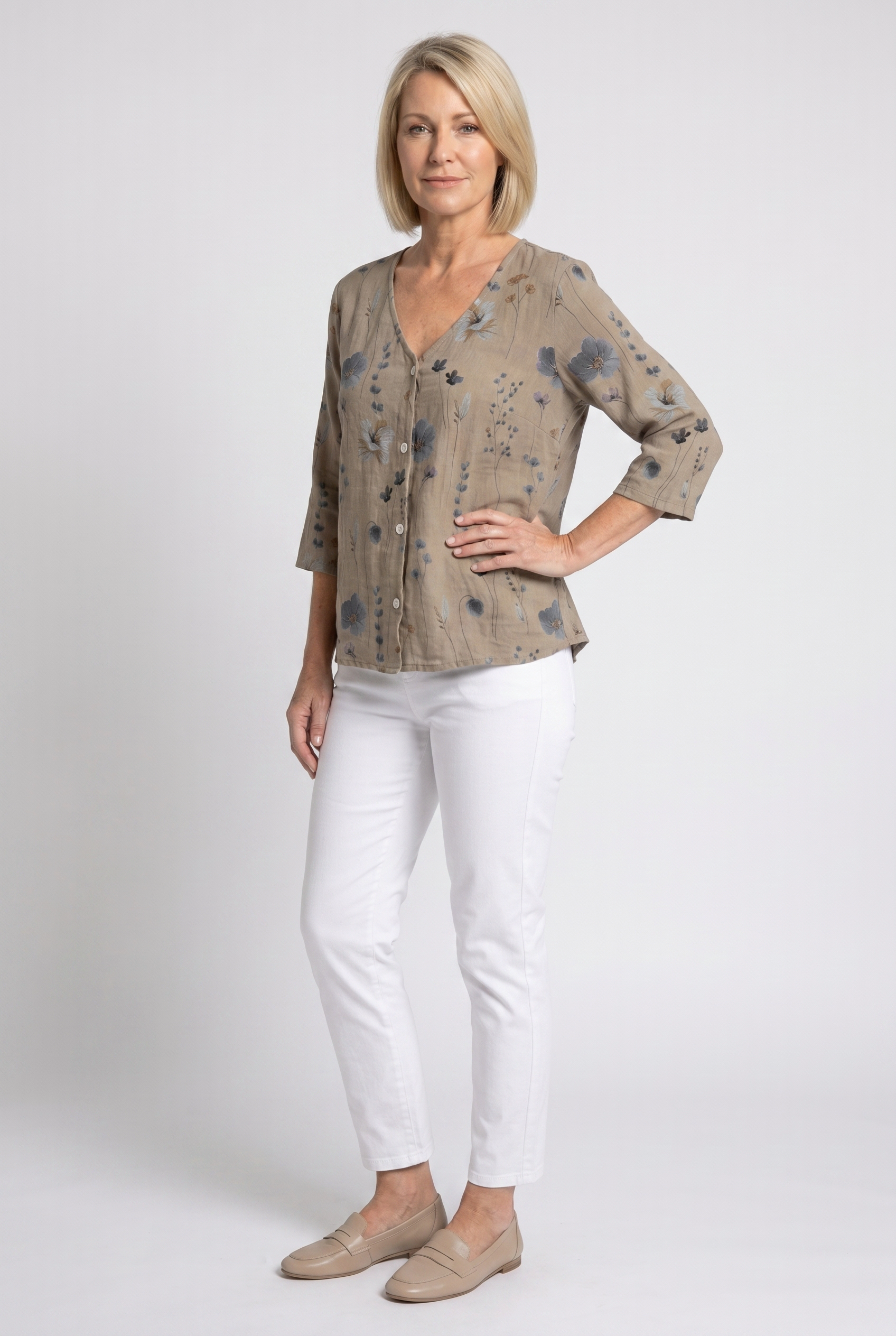 Women's Floral V-Neck Blouse with Three-Quarter Sleeves