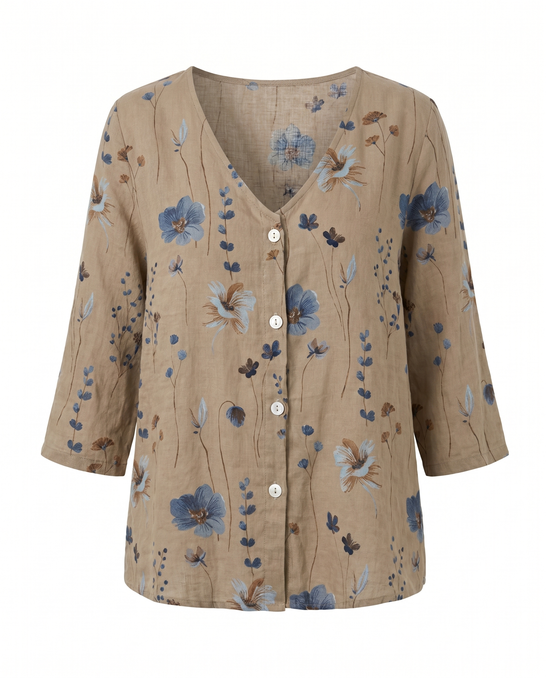 Women's Floral V-Neck Blouse with Three-Quarter Sleeves