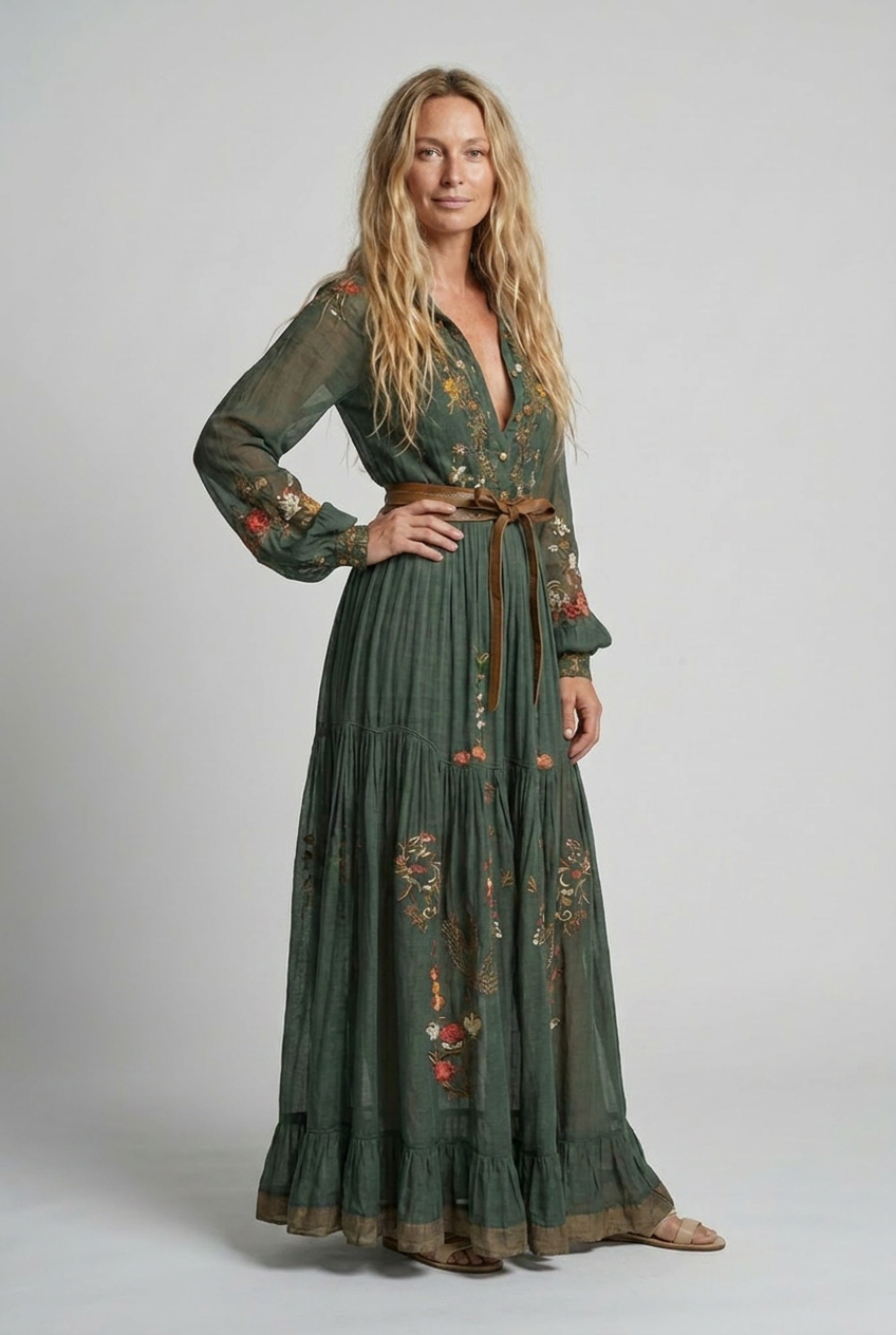Women's Embroidered Bohemian V-Neck Maxi Dress