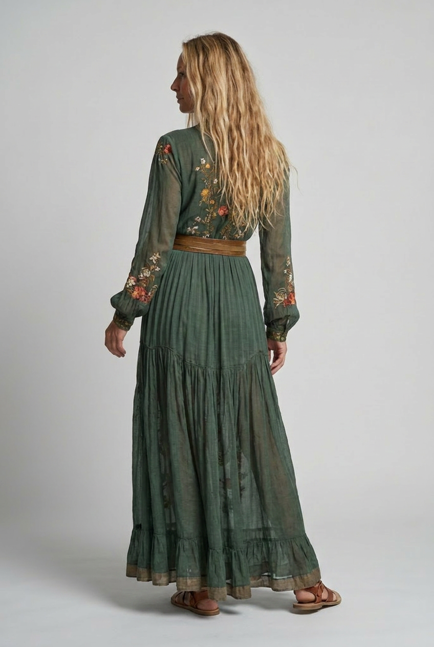 Women's Embroidered Bohemian V-Neck Maxi Dress