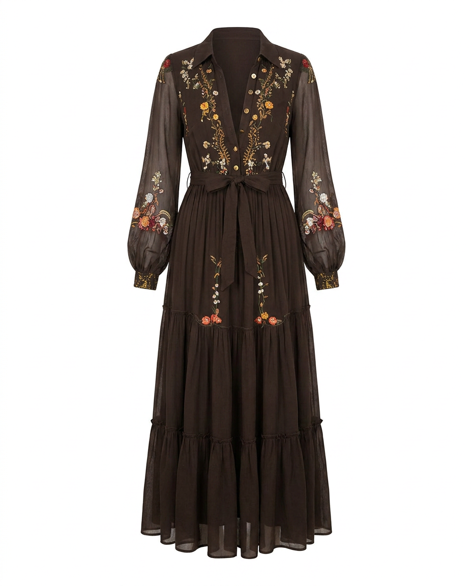 Women's Embroidered Bohemian V-Neck Maxi Dress