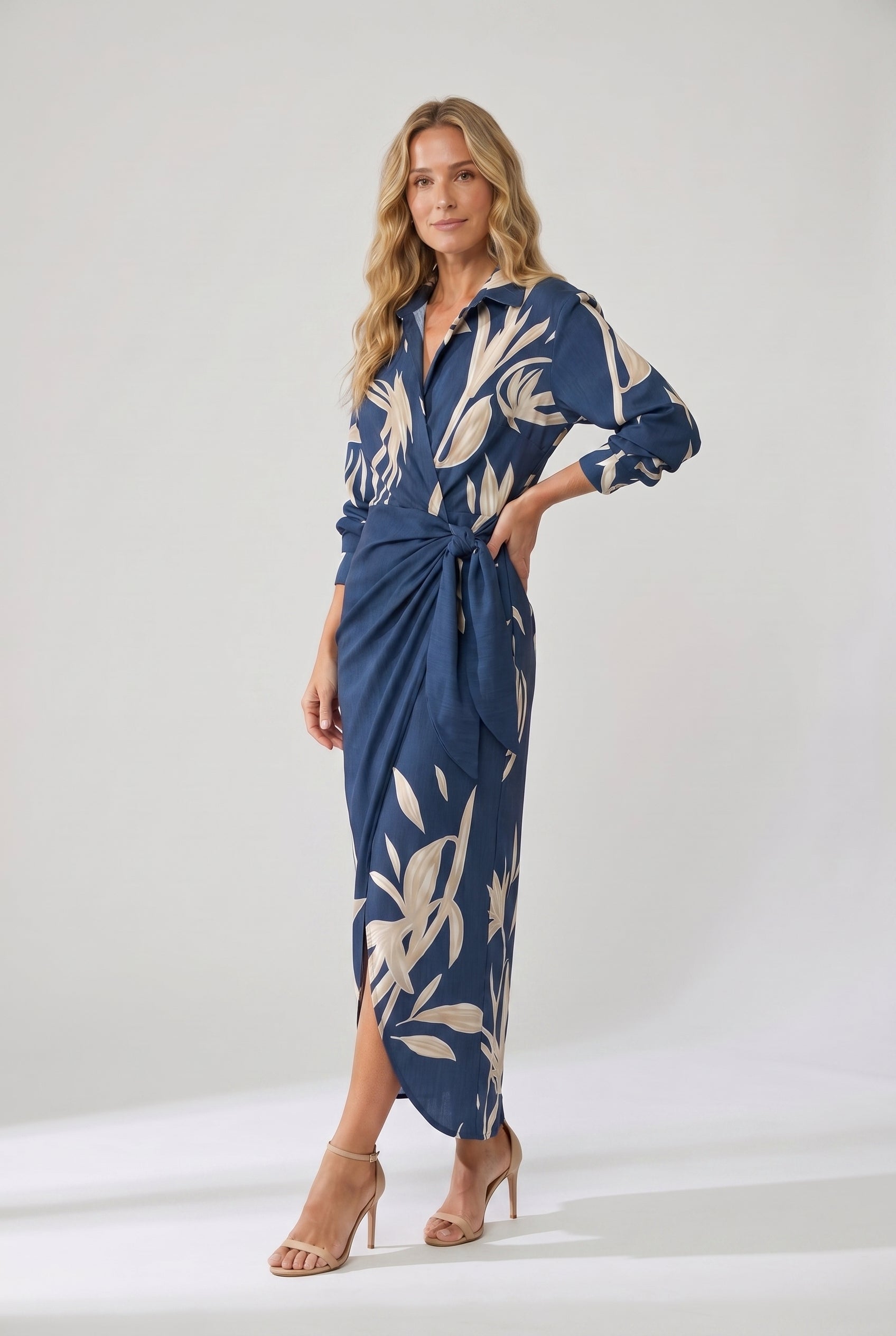 Women's Leaf Print V-Neck Wrap Maxi Dress | Nature-Inspired