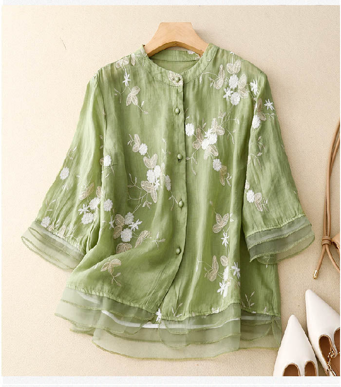 Women’s Floral Embroidered Sheer Blouse Elegant Fit