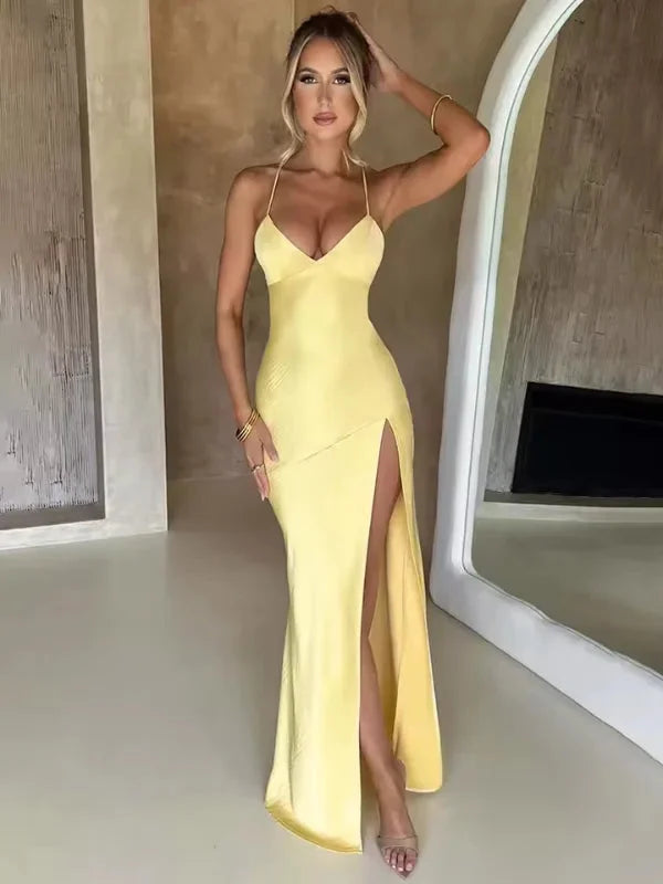 Xela - Women’s halter neck evening maxi dress with high slit