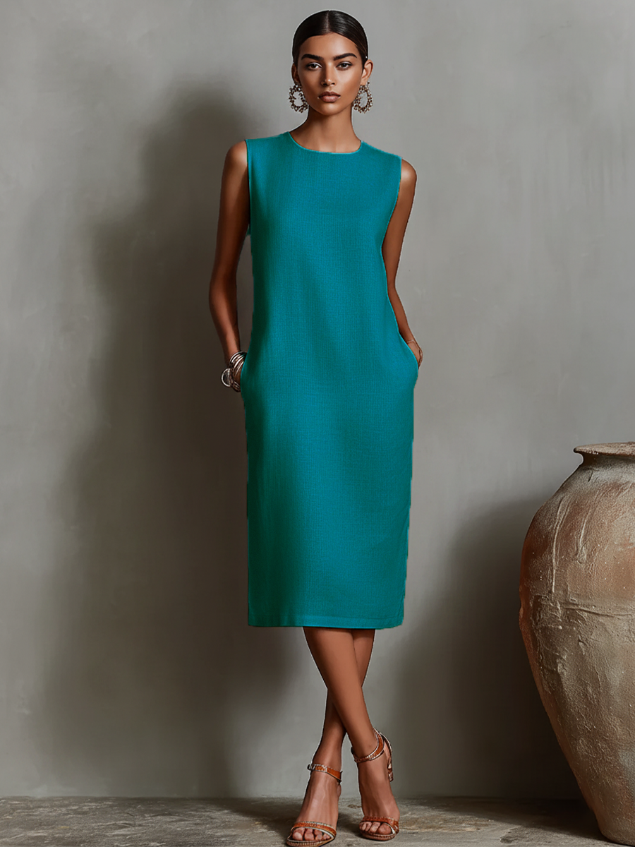 Women's Sleeveless Crew Neck Shift Midi Dress