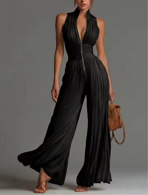 Women's Sleeveless Pleated Halter Wide-Leg Jumpsuit