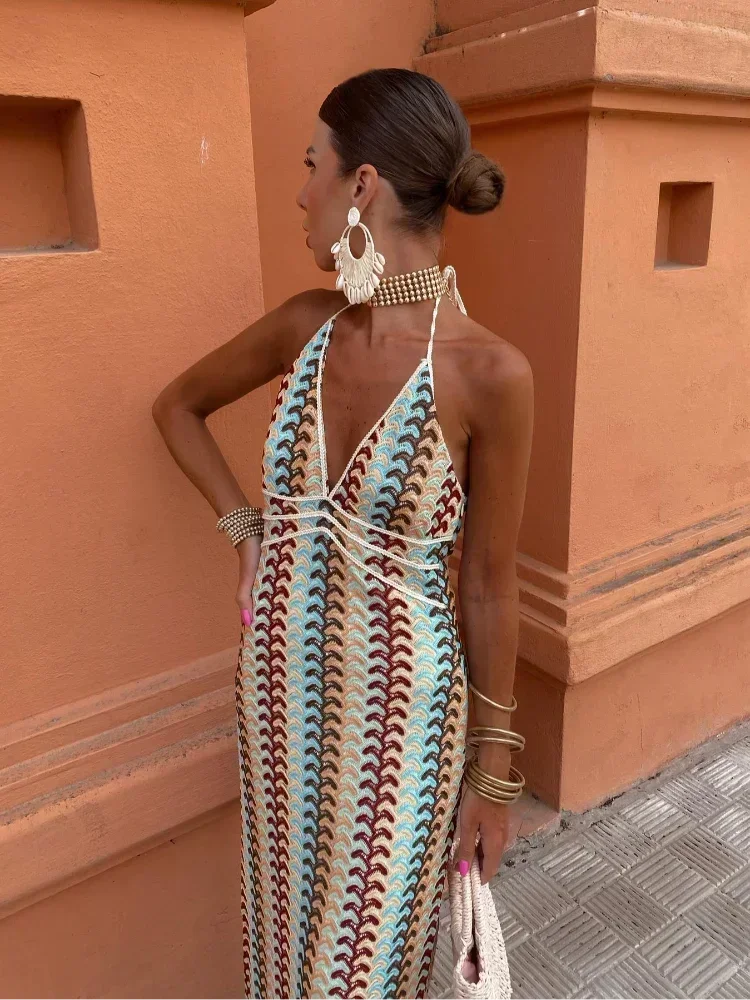 Zeynep - Women’s chevron halter maxi dress with waist tie