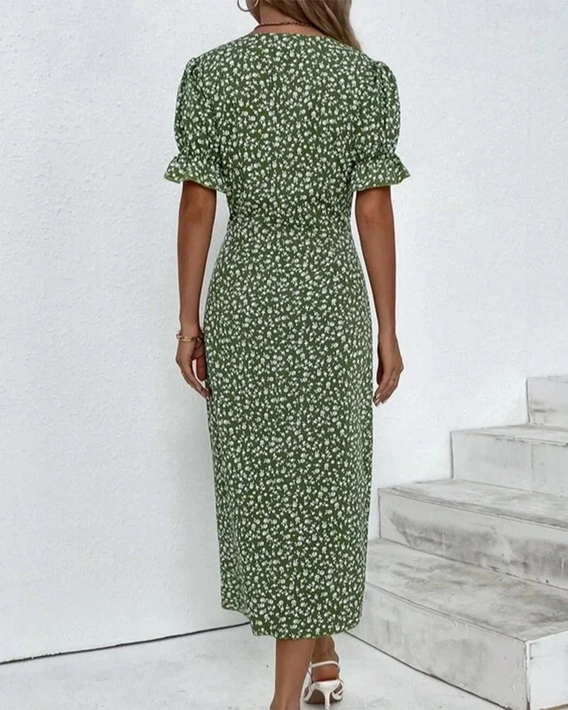 Women’s Floral Wrap Midi Dress with V-Neckline and Tulip Hem