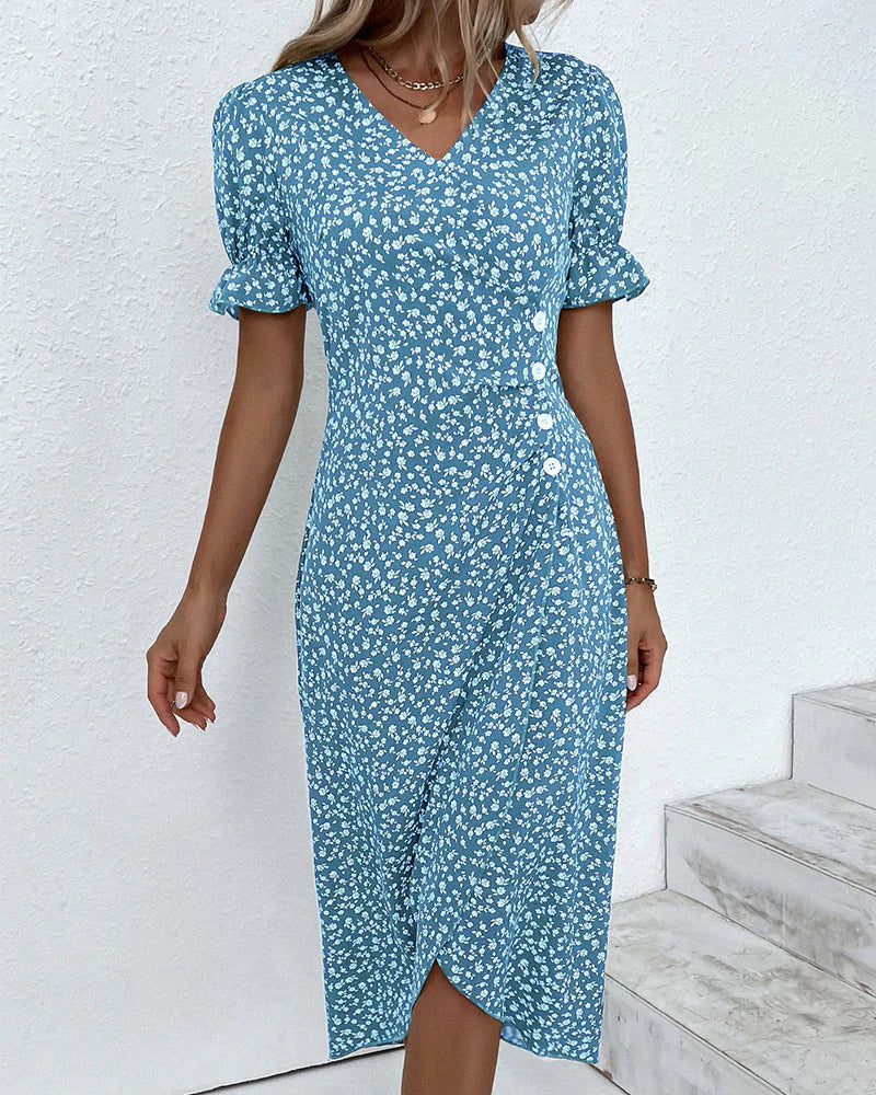 Women’s Floral Wrap Midi Dress with V-Neckline and Tulip Hem