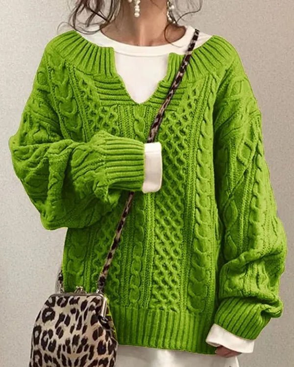 Women's Oversized Cable V-Neck Knit Sweater