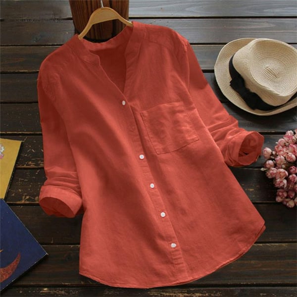 Women’s Relaxed Button-Up Blouse with Roll-Up Sleeves and Chest Pocket