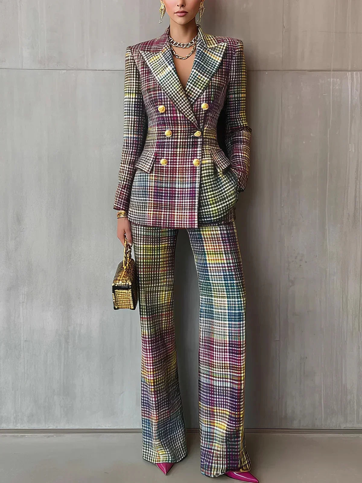 Women’s Plaid Blazer and Wide-Leg Trousers Two-Piece Set