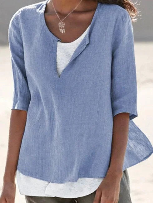 Women’s Relaxed Layered-Look Blouse with V-Notch Neckline
