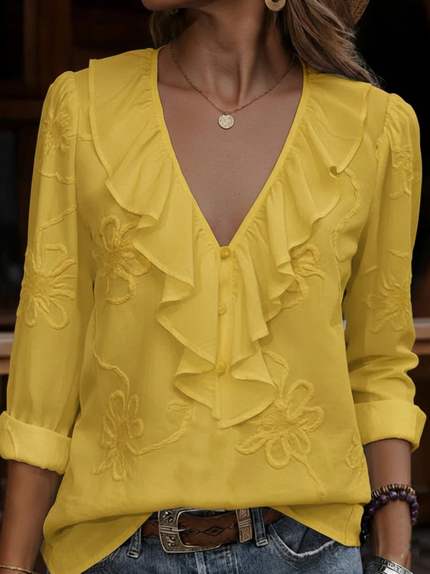 Women's Vintage Floral V-Neck Blouse with Frill