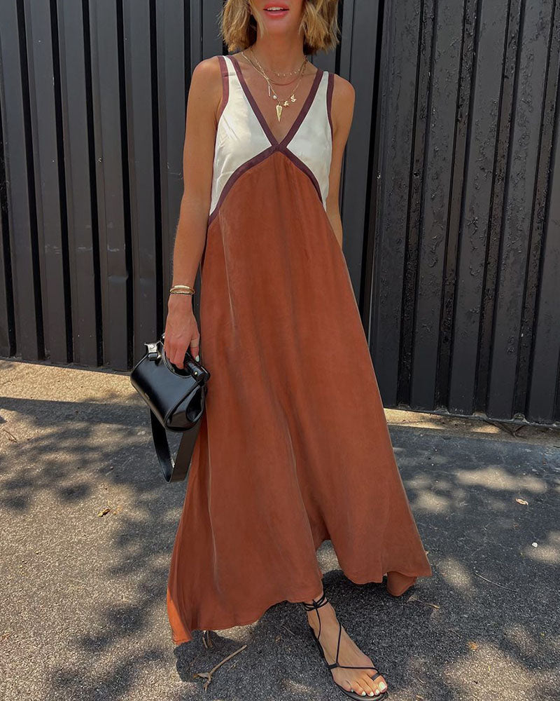 Women's Chic V-Neck Dress with Contrasting Color Detailing