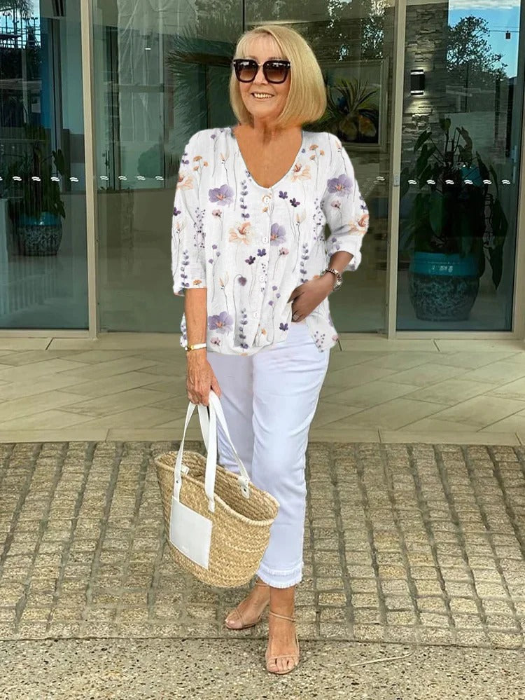 Women's Floral V-Neck Blouse with Three-Quarter Sleeves