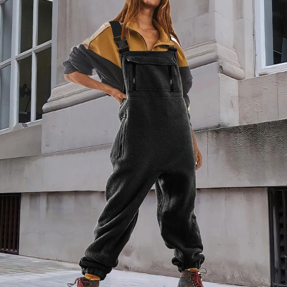 Women's Cozy Fleece Bib Jumpsuit with Adjustable Straps