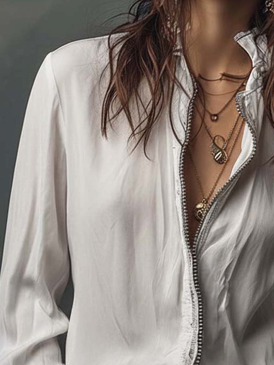 Women's White Zip-Front Blouse Flounce Cuffs
