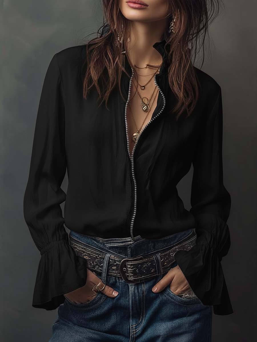 Women's White Zip-Front Blouse Flounce Cuffs