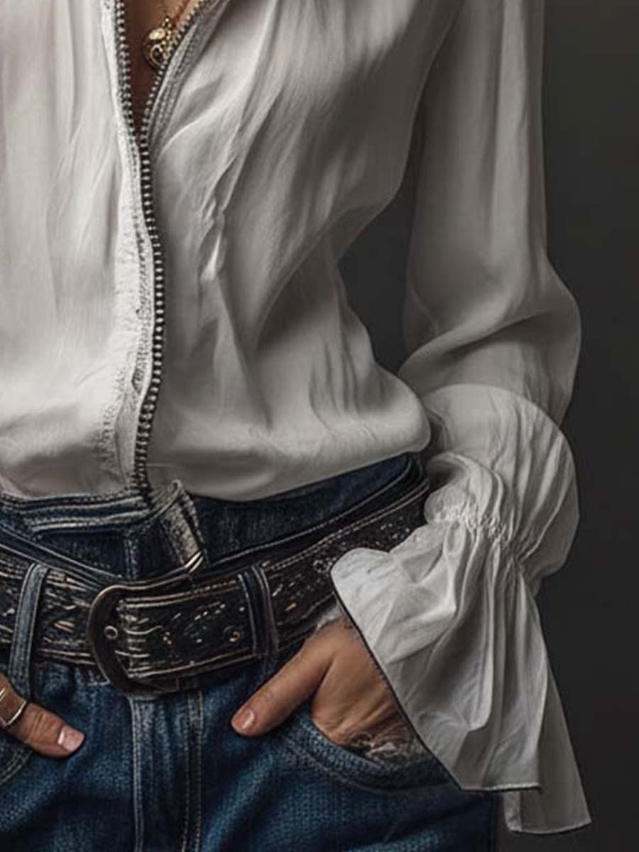 Women's White Zip-Front Blouse Flounce Cuffs