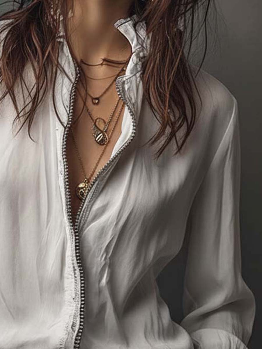 Women's White Zip-Front Blouse Flounce Cuffs