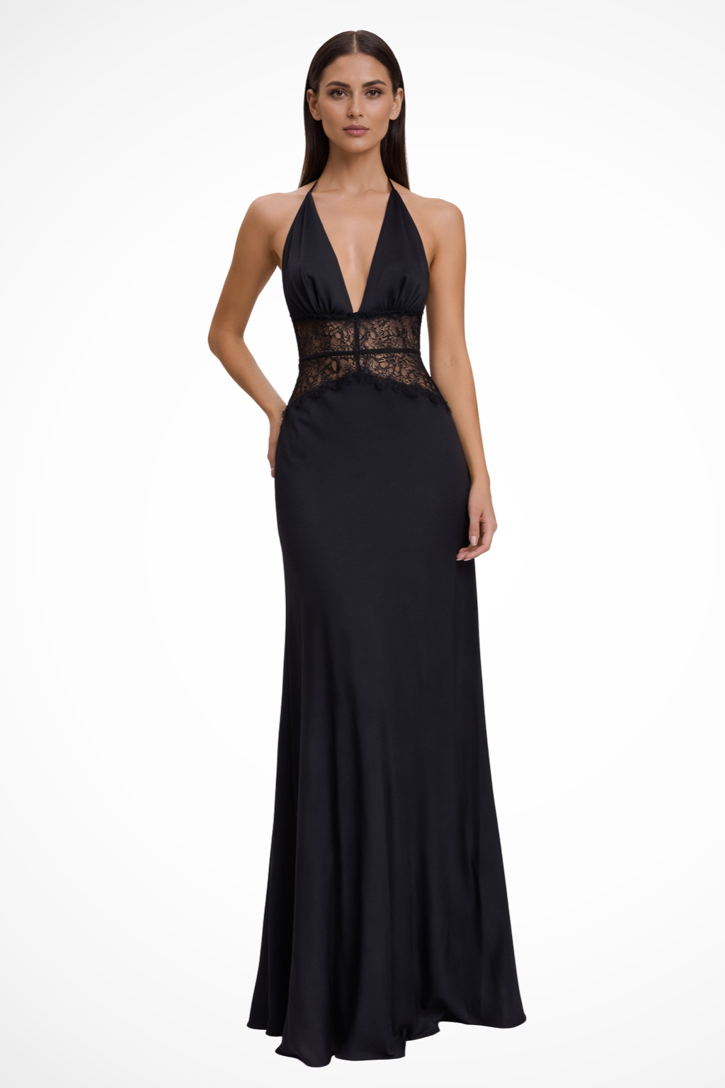 Halter Maxi Evening Dress for Women with Lace Waist Detail and Flowing Silhouette