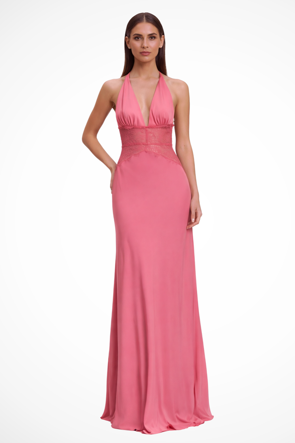Halter Maxi Evening Dress for Women with Lace Waist Detail and Flowing Silhouette