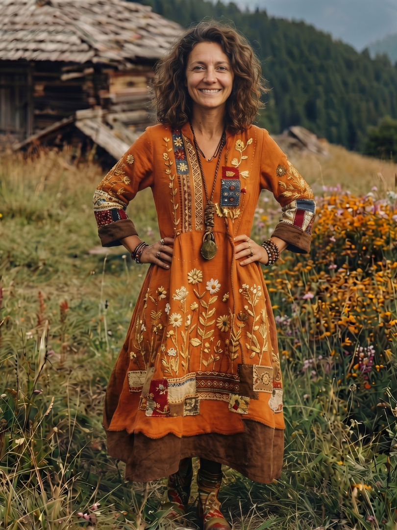 Women's Bohemian Floral Print Long Sleeve Midi Dress