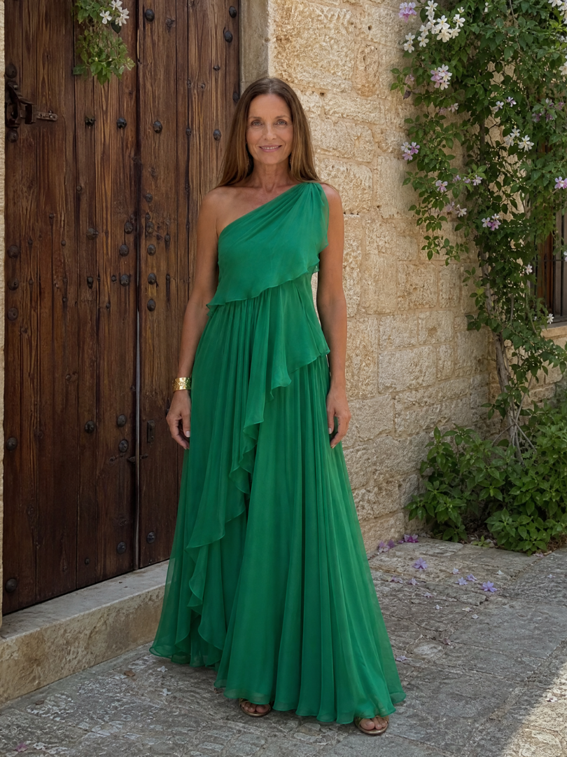 Women’s One Shoulder Maxi Dress with Layered Ruffle Skirt