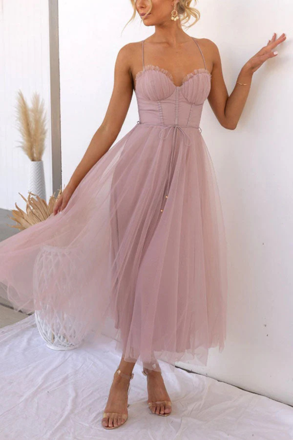 Women’s Sweetheart Neck Tulle Midi Dress