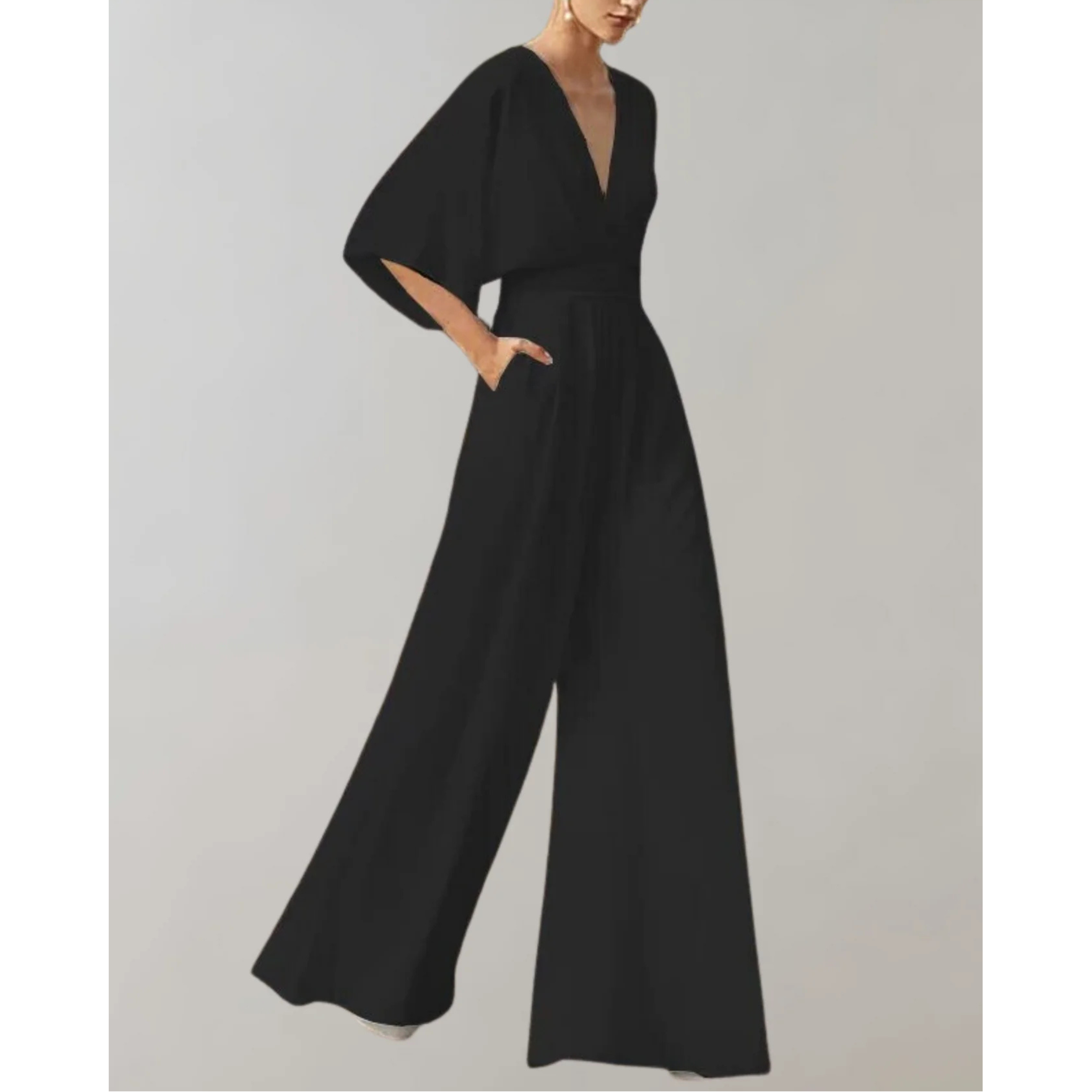Women's Wide-Leg Short Sleeve V-Neck Jumpsuit