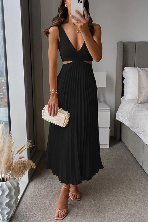 Women’s Pleated V Neck Evening Party Sleeveless Maxi Dress