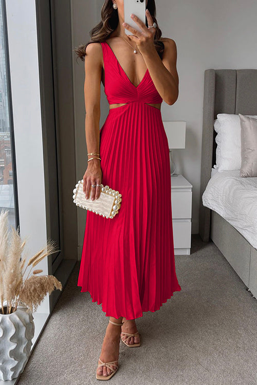 Women’s Pleated V Neck Evening Party Sleeveless Maxi Dress